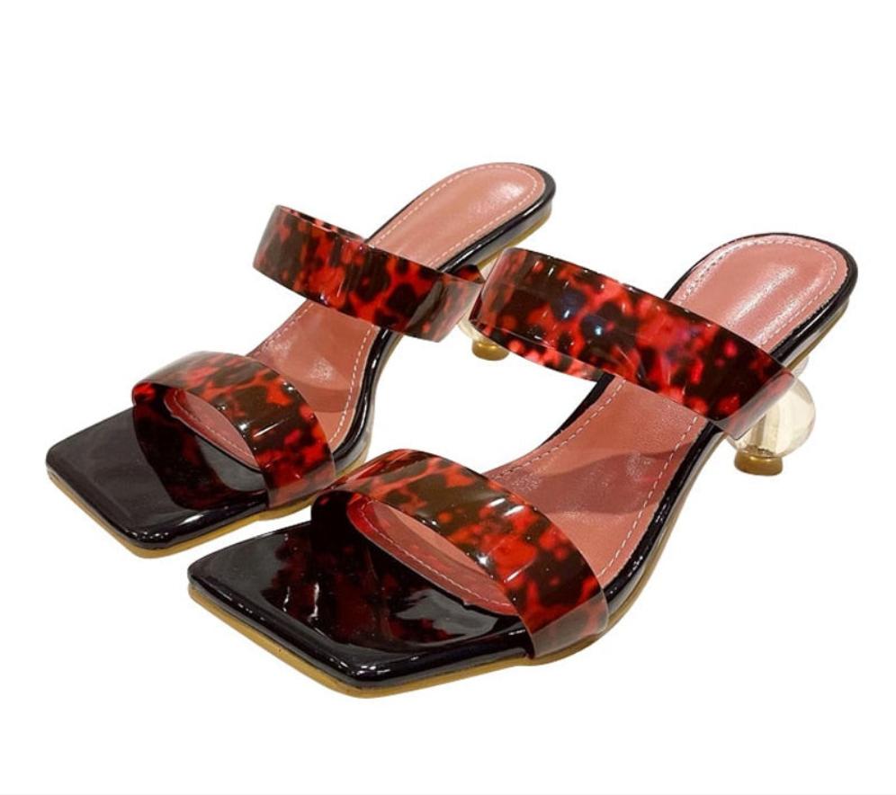 Leopard/Clear Open Square Toe PVC Transparent Crystal Grain Sandals