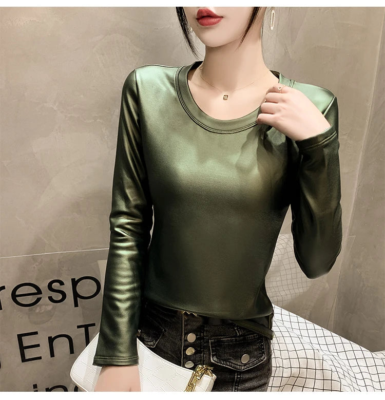 PU Leather O-Neck Colorblock/Solid Velvet Lined Long Sleeve Patchwork Elastic Women's Shirt to 4X Plus Size