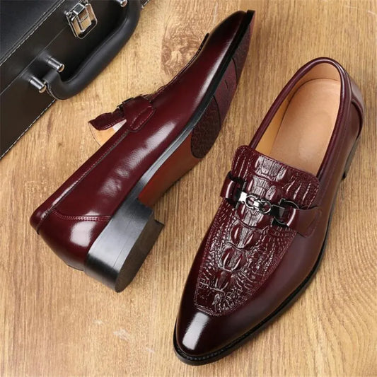 Crocodile Grain Leather Men's Business Slip-On Buckle Flat Loafers