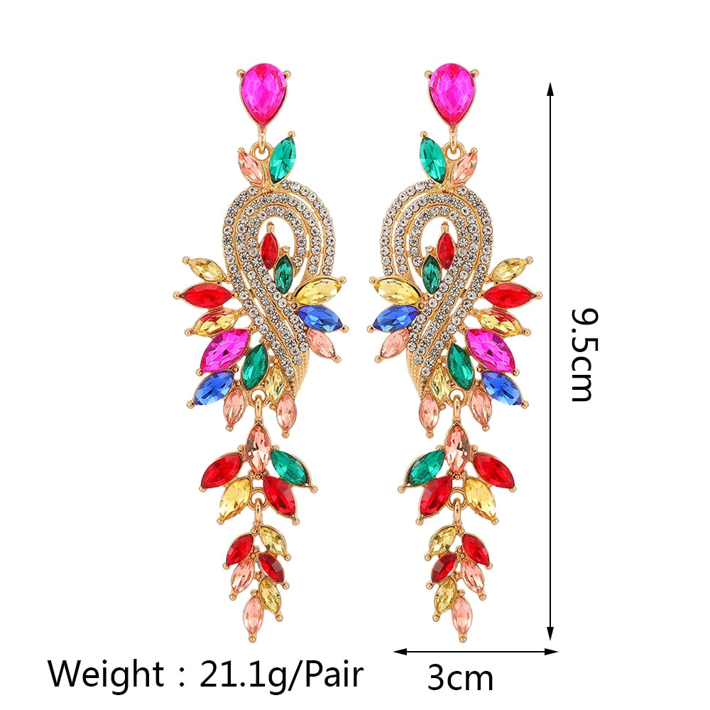 Metal Hollow Chain Leaves Crystal Pendant Earrings