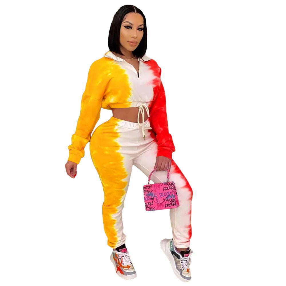Tie-Dye Colorblock Women's Long Sleeve Zipper Pullover Crop Top + Sweatpants Tracksuit