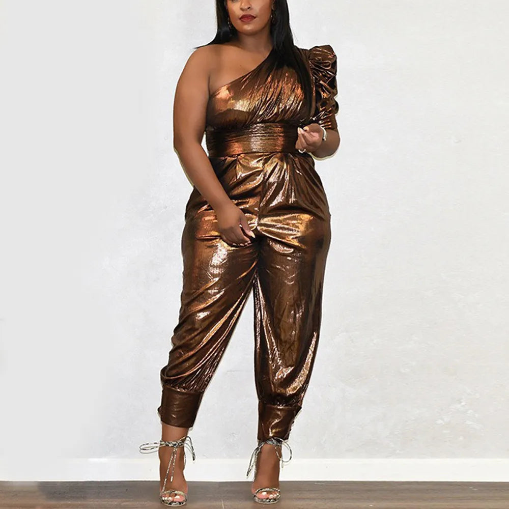 Hooded Drawstring Metallic Faux Leather Solid Color Skinny Jumpsuit to 5X Plus Size