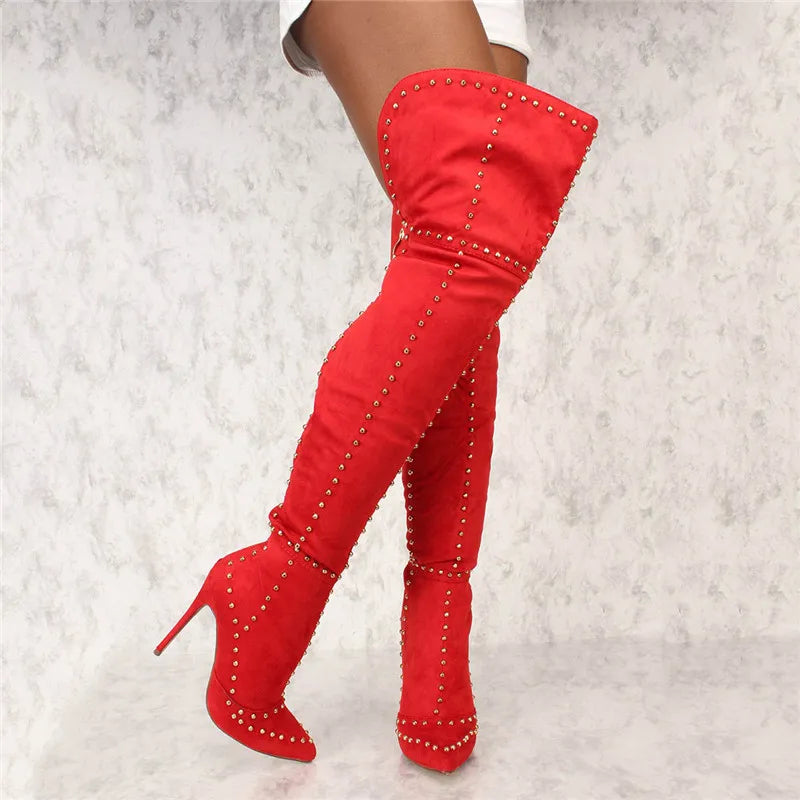 Red Metal Stud Rivet Embellished Over-the-Knee Thigh High Stiletto Heel Boots