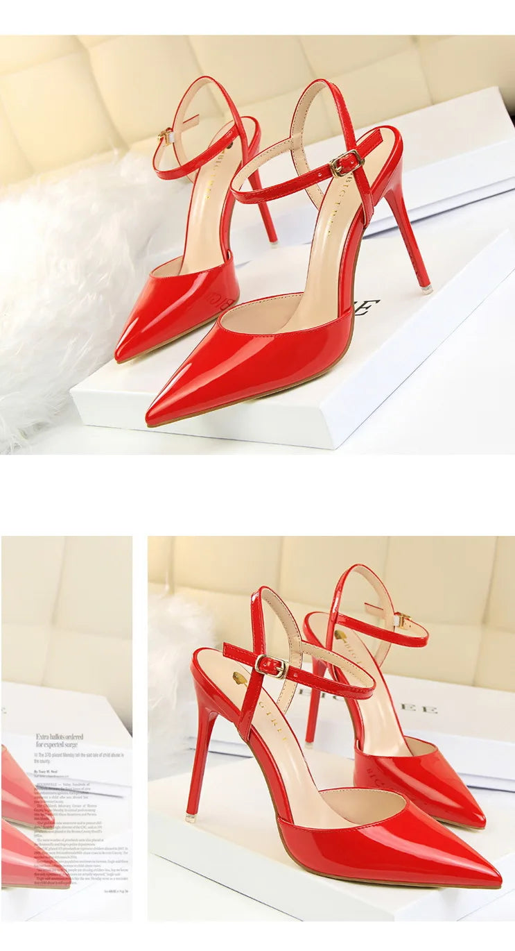 Patent Leather Stiletto Heel Buckle Strap Solid Color Sandal Pumps