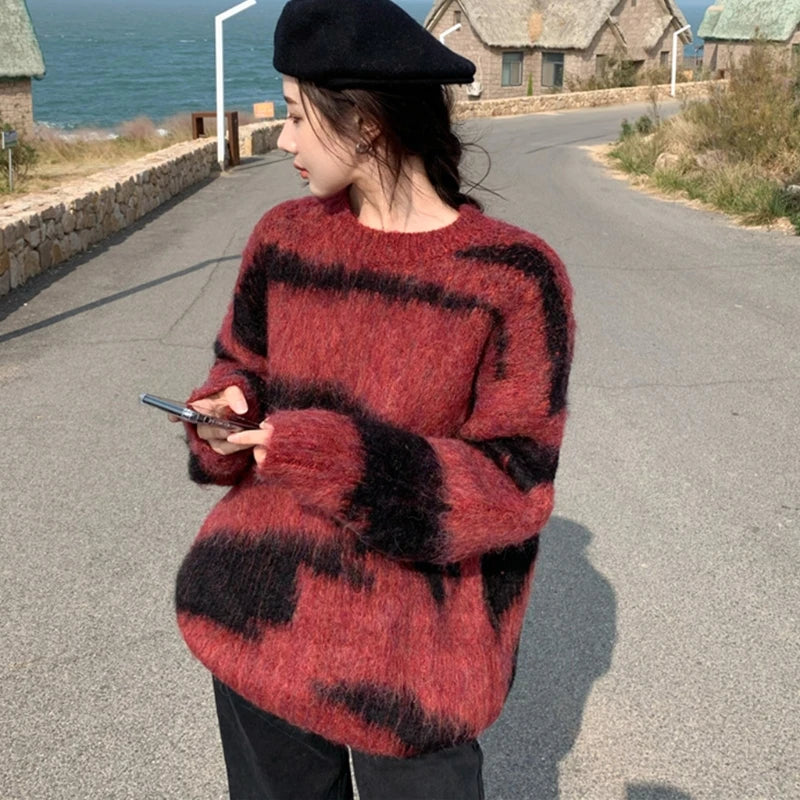 Gradient Mohair Colorblock Striped Furry Pullover Oversized Women's Sweater