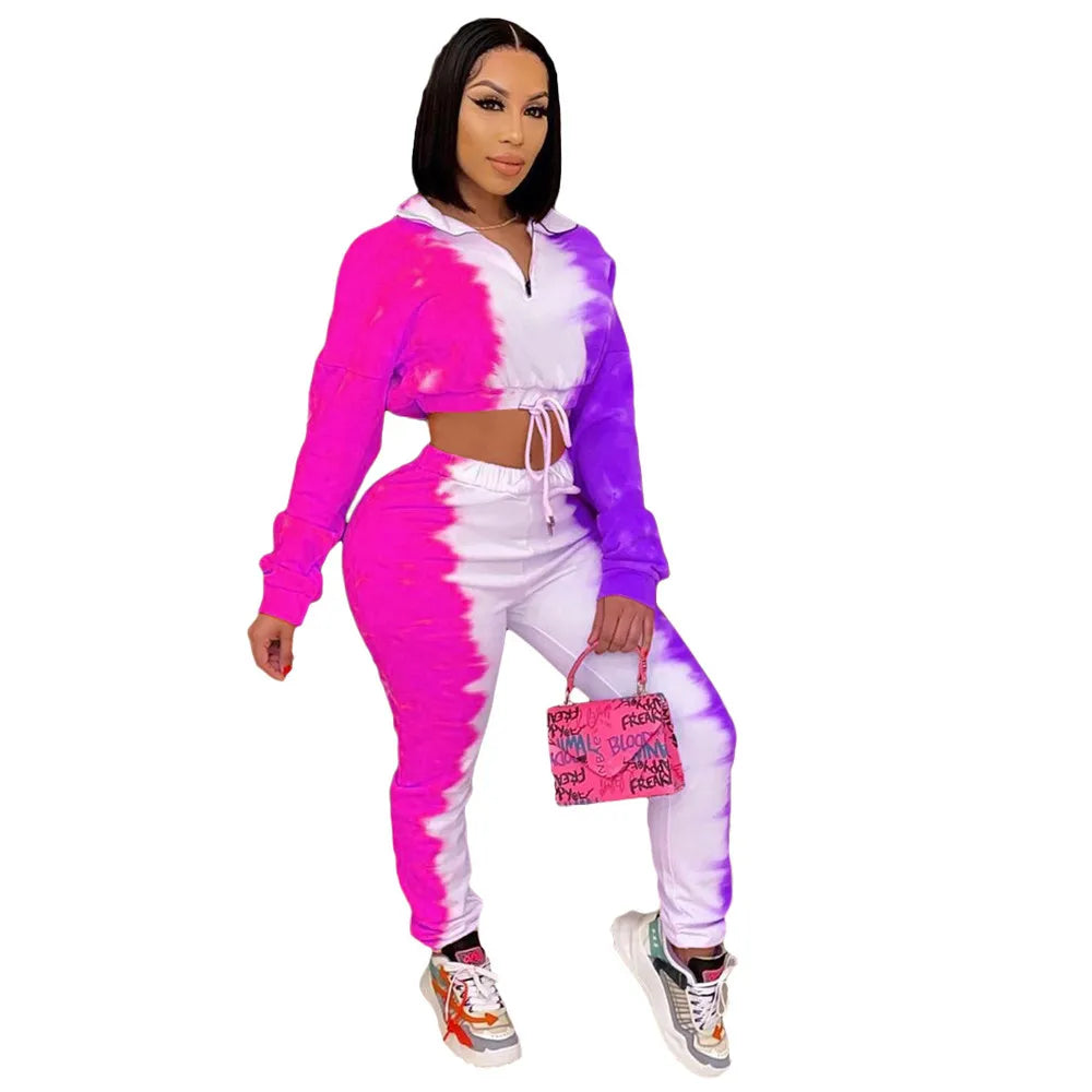 Tie-Dye Colorblock Women's Long Sleeve Zipper Pullover Crop Top + Sweatpants Tracksuit
