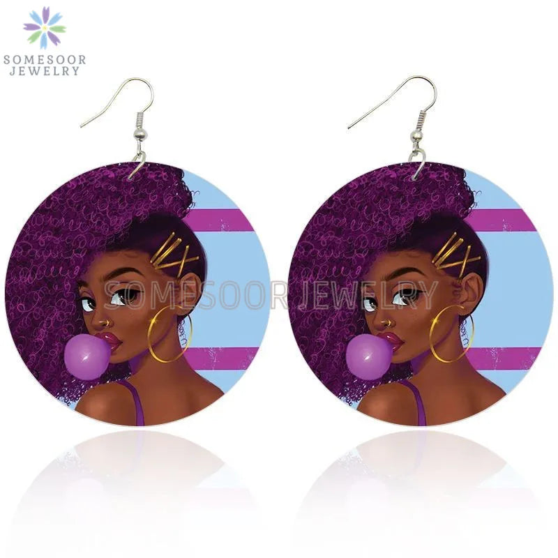Pink Black Afro Woman Bubble Gum Print Wood Drop Earrings