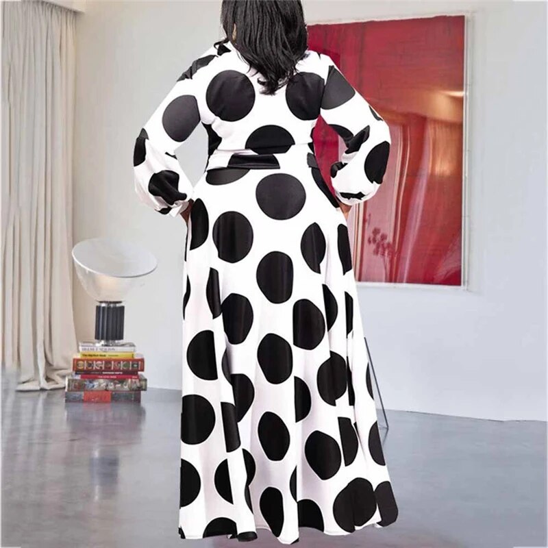 Black/White Polka Dot Bohemian Plus Size Long Sleeve Maxi Dress to 5X