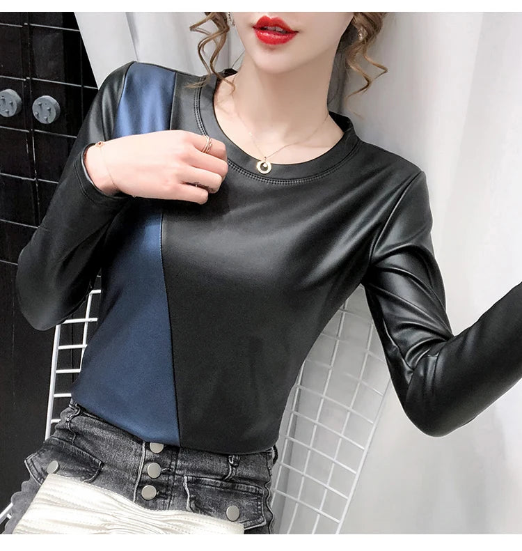 PU Leather O-Neck Colorblock/Solid Velvet Lined Long Sleeve Patchwork Elastic Women's Shirt to 4X Plus Size