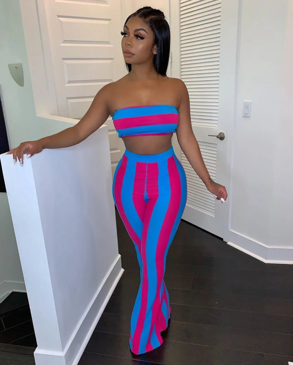 Sleeveless Striped Colorblock Tube Top+ Bodycon Flared Leggings Women's 2-Piece Set