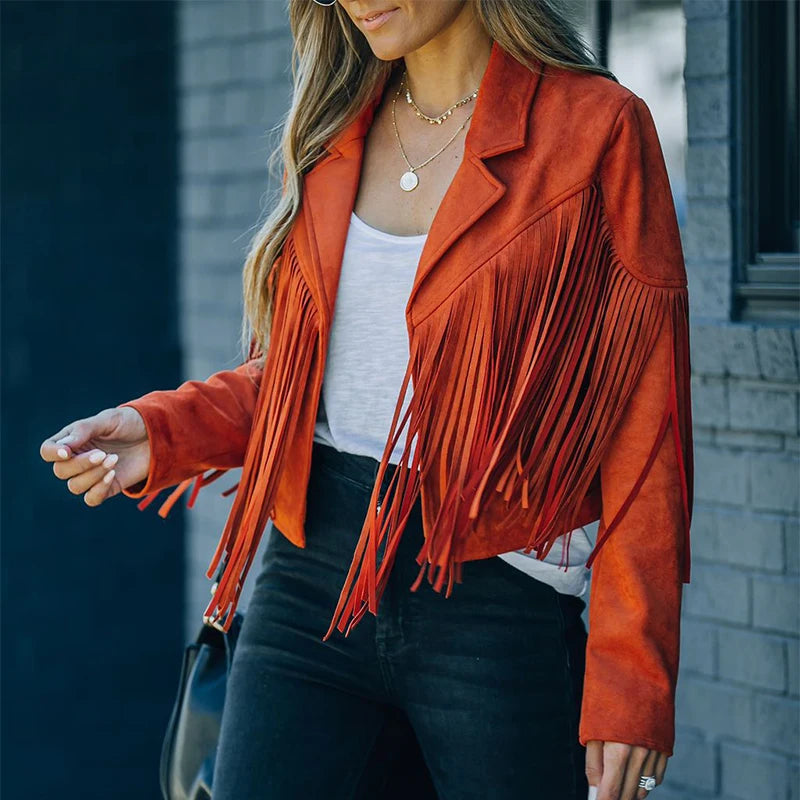 Tassel Fringe Detail Women's Cropped Faux Suede Western Cowgirl Jacket