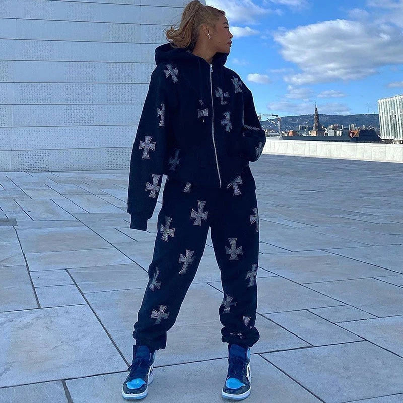 Crystal Rhinestone Cross Embroidered Print Women’s Hoodie Sweatshirt Zipper Jacket + Sweatpants Tracksuit