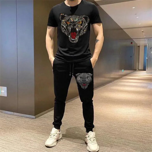 Crystal Tiger/Wolf/Leopard/Bear Men's Designer Hot Drill Rhinestone Short Sleeve O-Neck T-Shirt + Drawstring Sweatpants 2-Piece Set