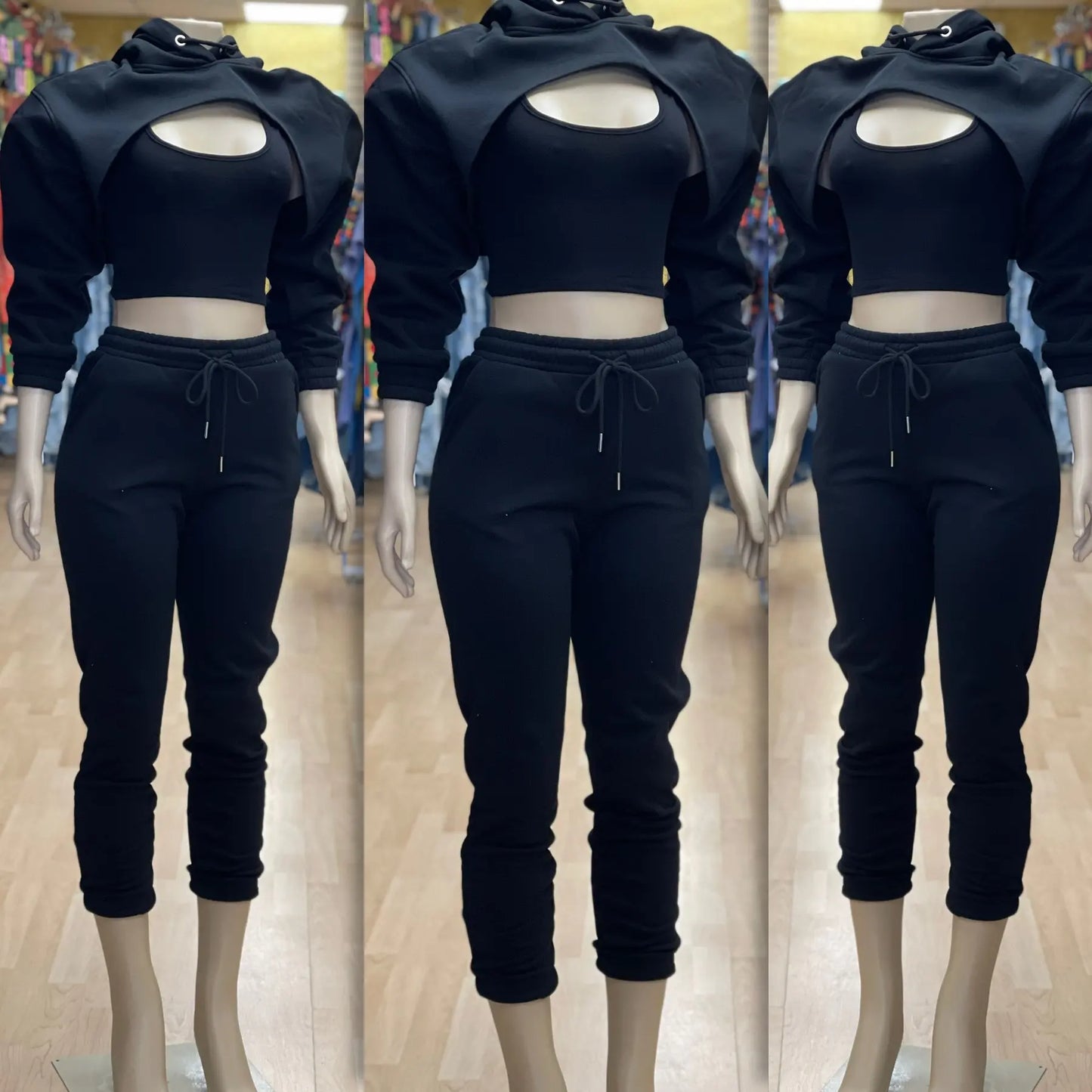 Puff Sleeve Solid Color Hollow-Out Long Sleeve Crop Hoodie w/ Vest + High Waist Jogger Sweatpants Women's Tracksuit