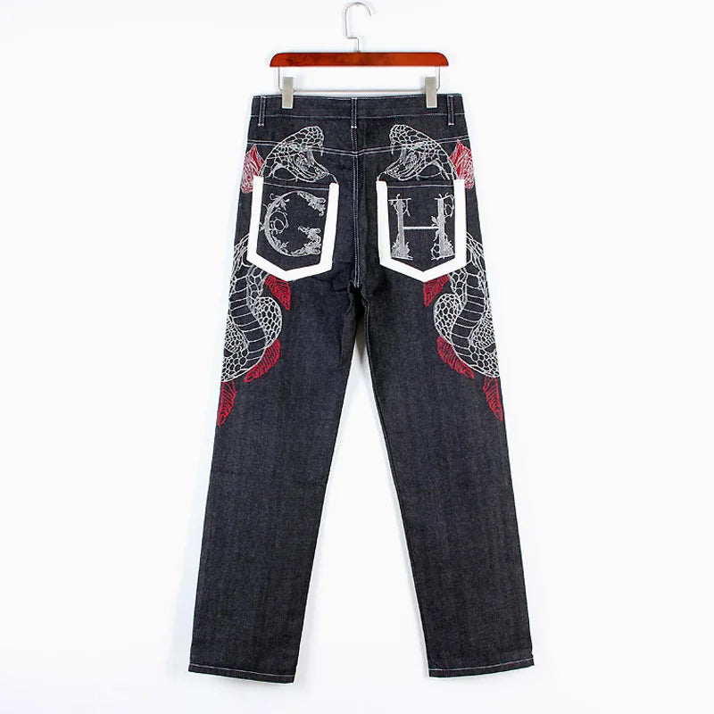 Men's Denim Embroidered Snake Print Baggy Hip-Hop Streetwear Jeans