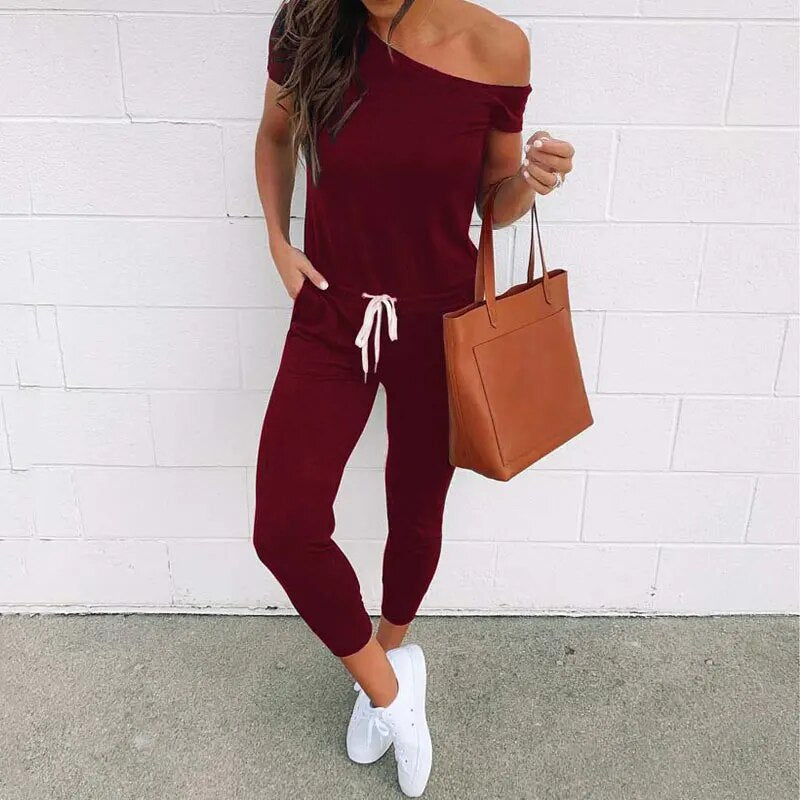 Off Shoulder Short Sleeve Drawstring Waist Jumpsuit