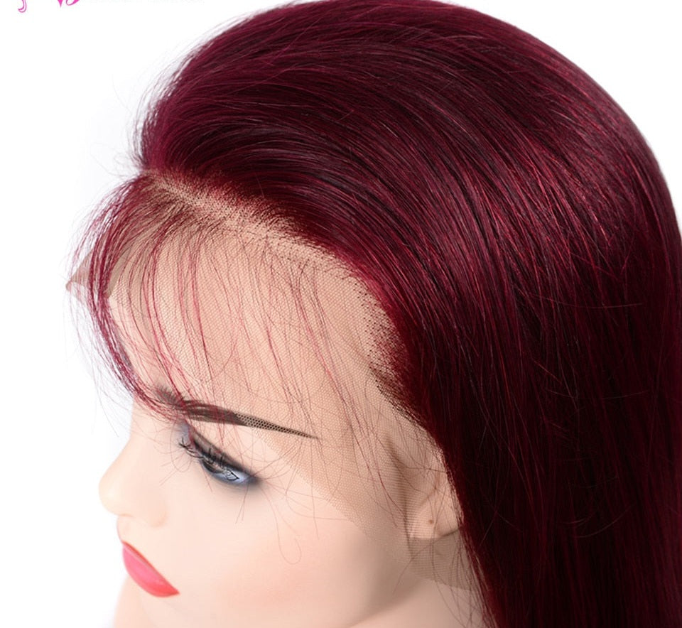 Burgundy 13x4 HD Transparent 100% Human Hair Straight Lace Frontal Pre-Plucked Wig