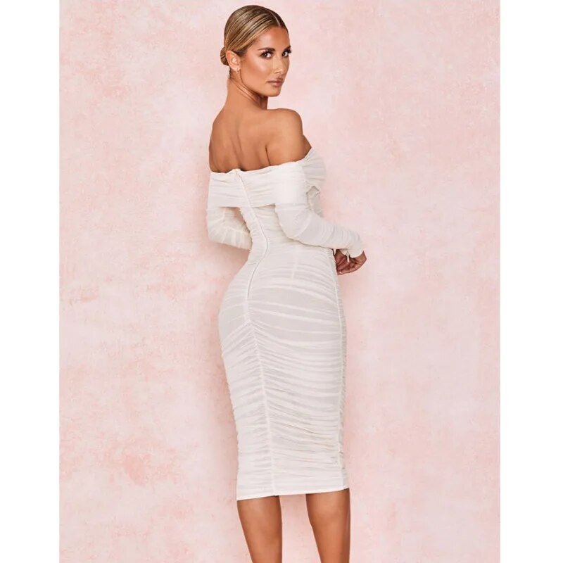 Double Layer Mesh Pleated Long Sleeve Bandage Off Shoulder Midi Dress