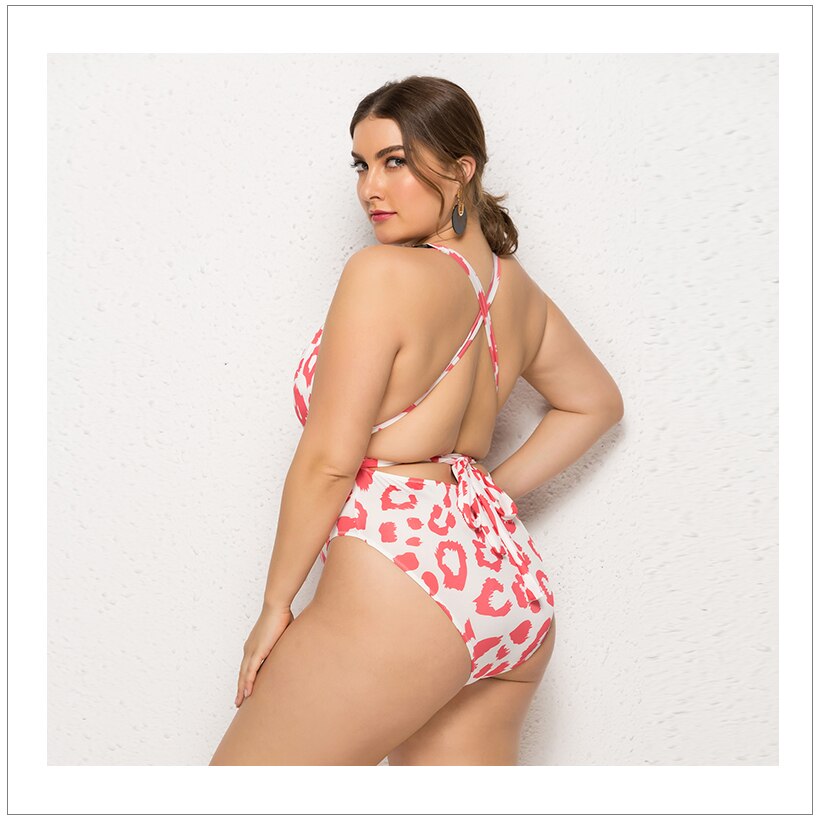 Red/White Leopard Push Up Halter One-Piece Swimsuit Plus to 5X