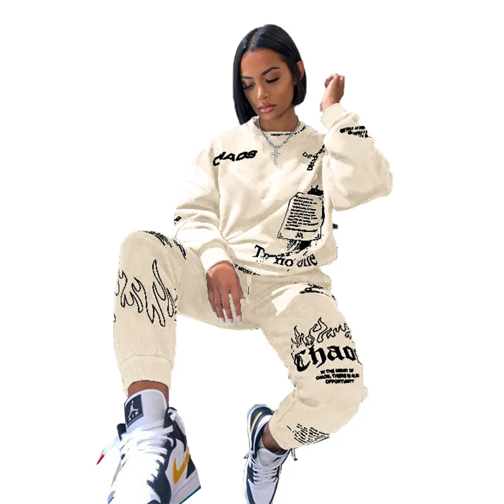 Women Tracksuit 2 Pieces Set Autumn Letter Printed Oversized Hoodies Sweatshirt Pants Suit Sweatpants Outfits Matching Sets