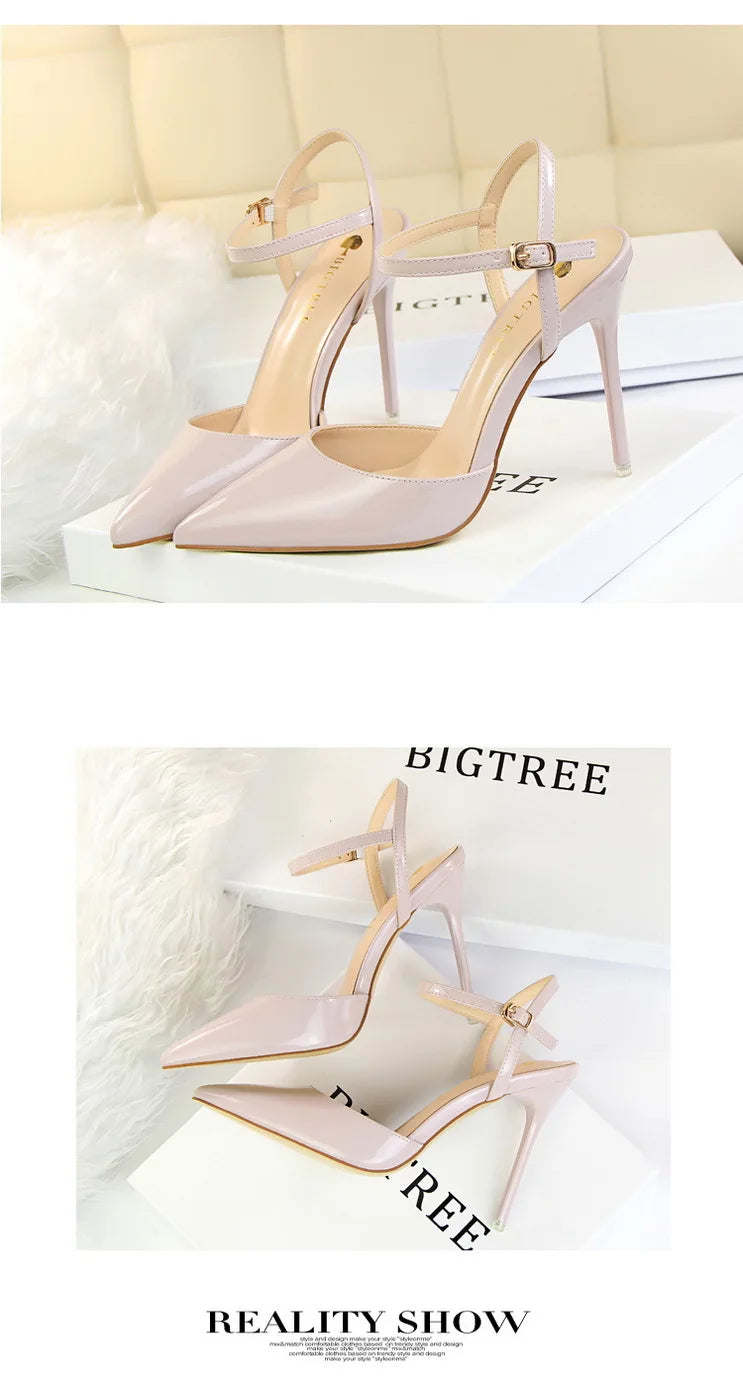 Patent Leather Stiletto Heel Buckle Strap Solid Color Sandal Pumps