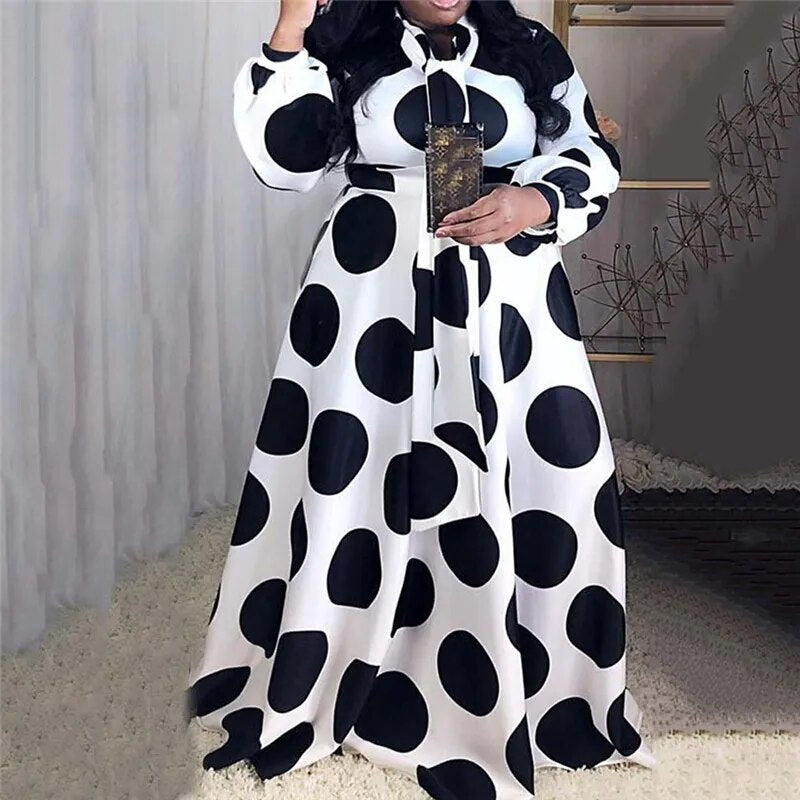 Black/White Polka Dot Bohemian Plus Size Long Sleeve Maxi Dress to 5X