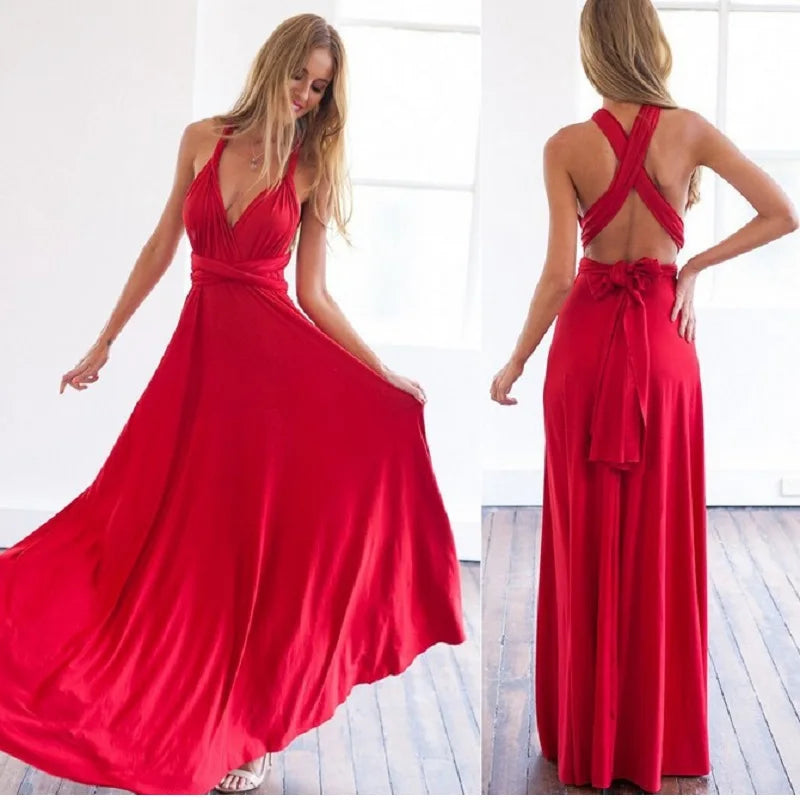 Solid Color Bandage Adjustable Sleeveless V-Neck Criss-Cross Back Bridesmaid/Party Maxi Dress