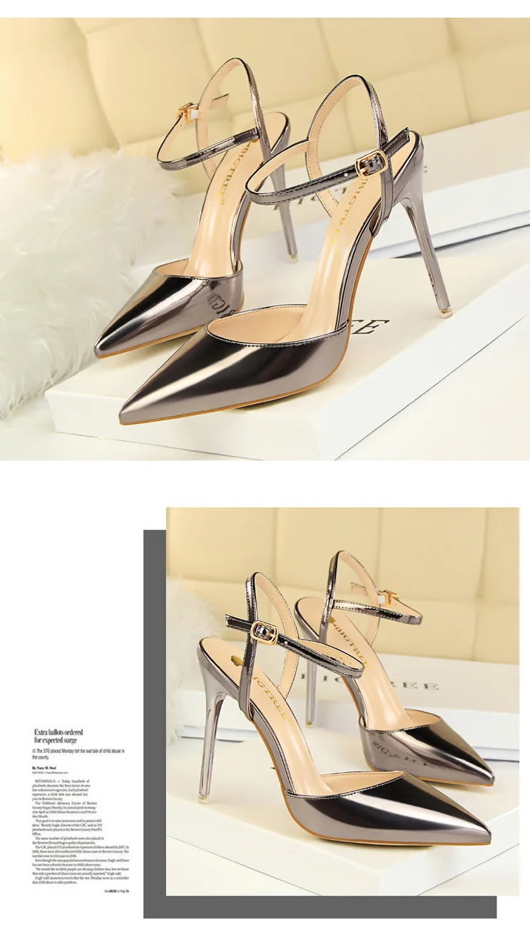 Patent Leather Stiletto Heel Buckle Strap Solid Color Sandal Pumps