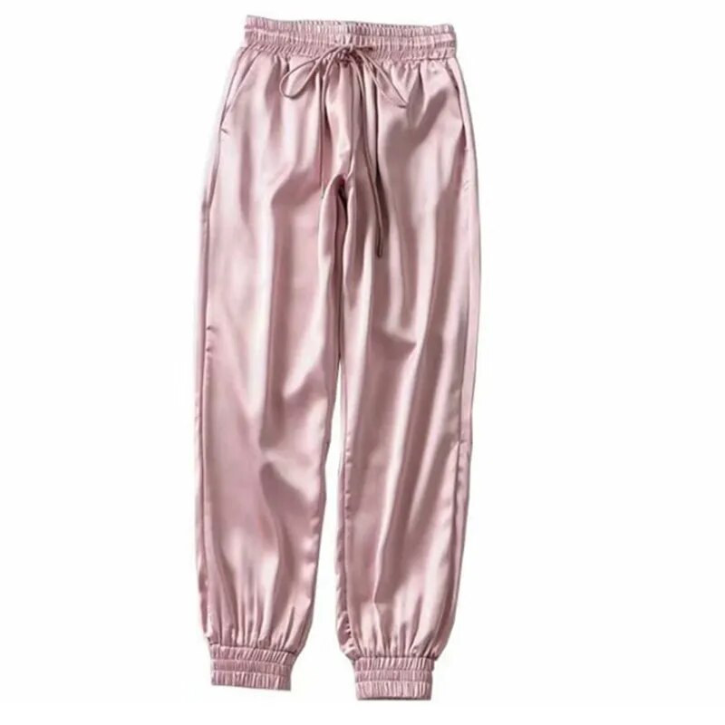 Satin Ladies Cargo Pocket Elastic Waist Pants