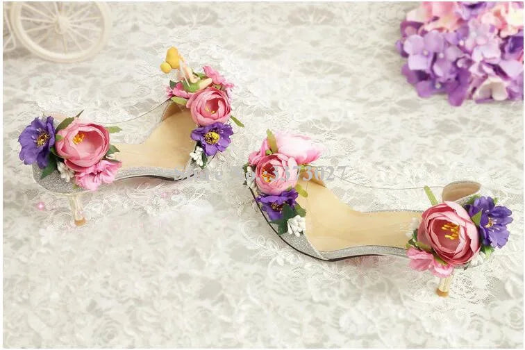 Pink/Baby Blue Rose Flower Decor Women's High Heel Pointed Toe Slip-On Pumps