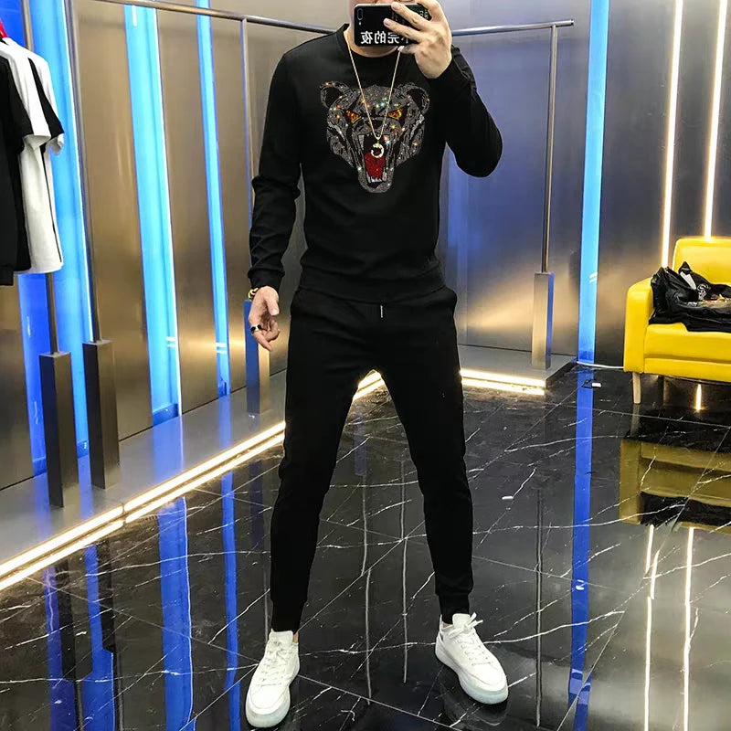 Men's Rhinestone Hot Drilled Bling Leopard Head O-Neck Sweatshirt + Drawstring Sweatpants Tracksuit to 5X