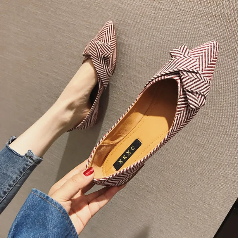 Bow Striped Geometric Pointed Toe Butterfly-Knot Ladies Flats