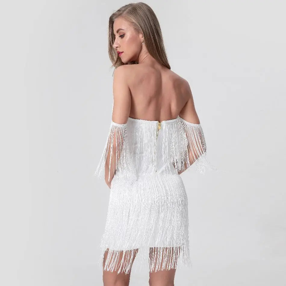 Off-the-Shoulder Tassel Fringe Design Bandage Strapless Zipper Back V-Neck Mini Formal Bodycon Party Dress