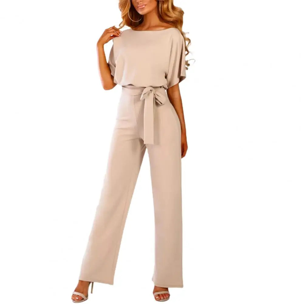 Belted Solid Straight Leg Short Sleeve Round Neck Jumpsuit to 3X