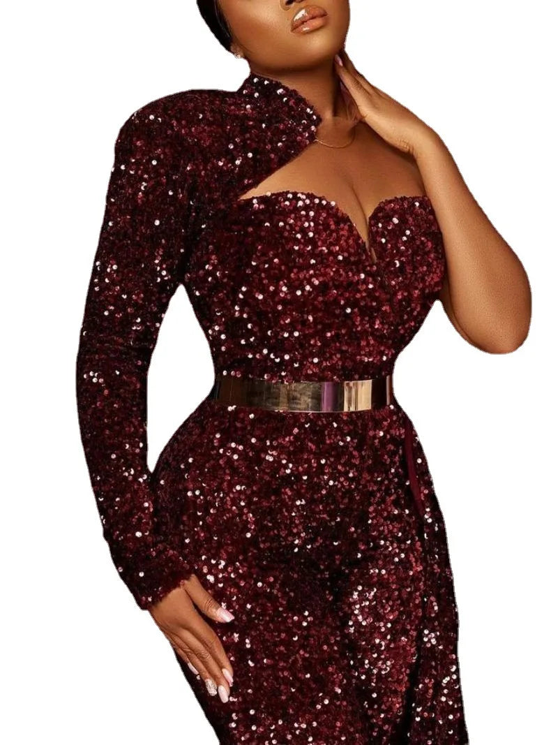 Burgundy Formal One Shoulder Sequined Glitter Off-the-Shoulder Jumpsuit w/ Gold Belt