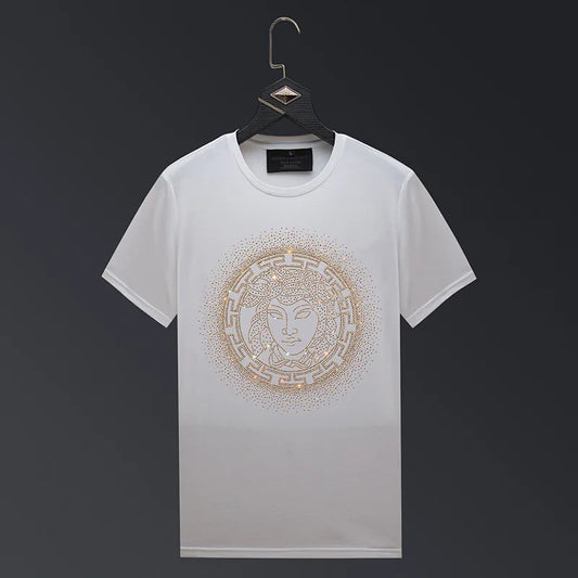 Men's Gold Rhinestone Embroidered Short Sleeve Streetwear Cotton O-Neck T-Shirt