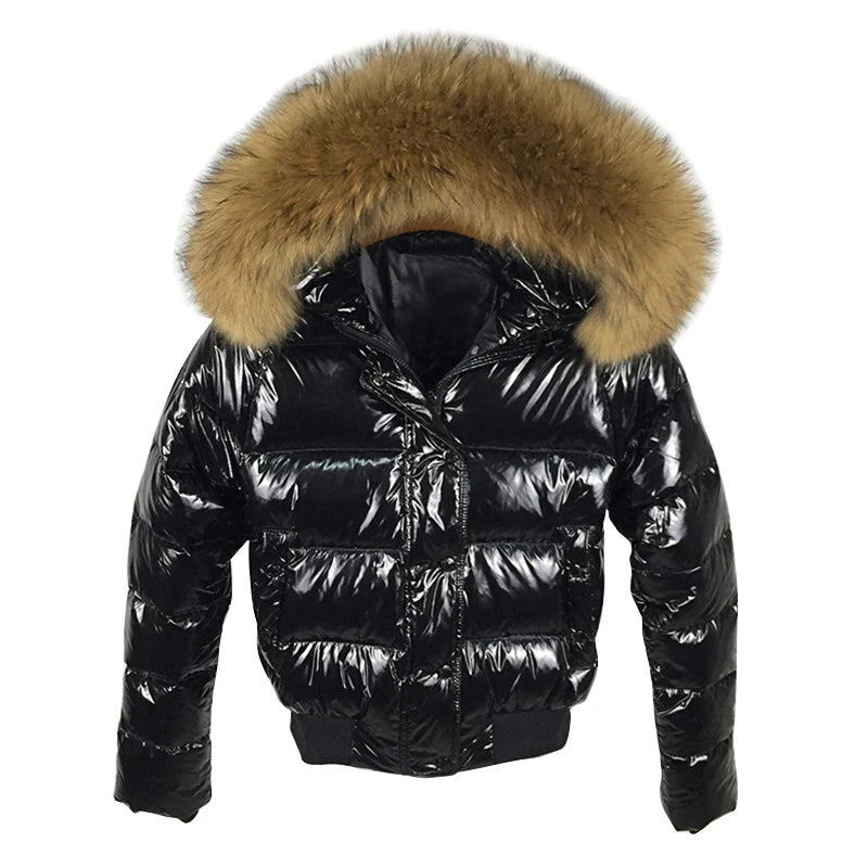 Faux Fur Collar Glossy Short Waterproof Ladies Puffer Bomber Jacket