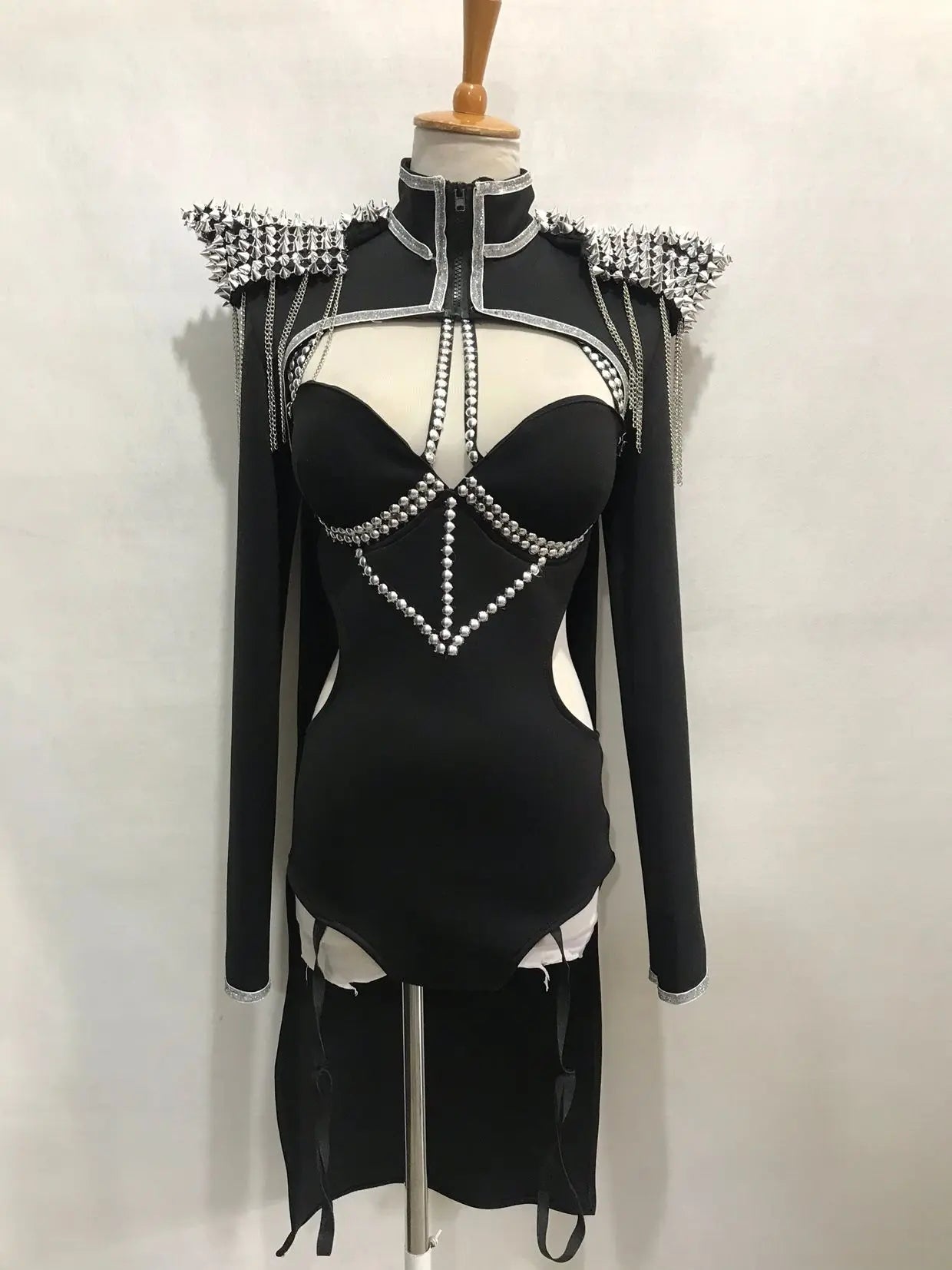 Rhinestone Chain Epaulet Cloak Bodysuit Stage Costume 2-Piece Set