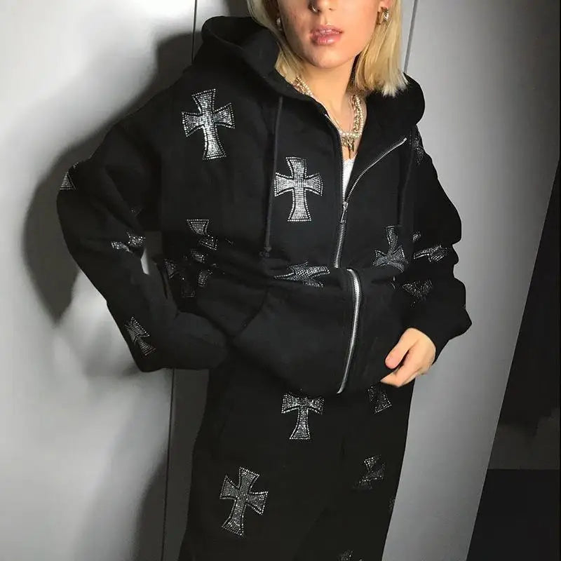 Crystal Rhinestone Cross Embroidered Print Women’s Hoodie Sweatshirt Zipper Jacket + Sweatpants Tracksuit