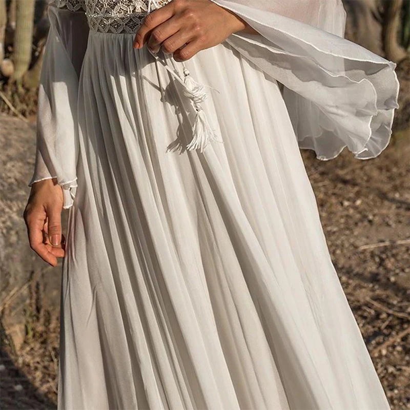 White Chiffon Tassel Long Flare Sleeve V-Neck Hollow-Out Bohemian Lace Maxi Dress