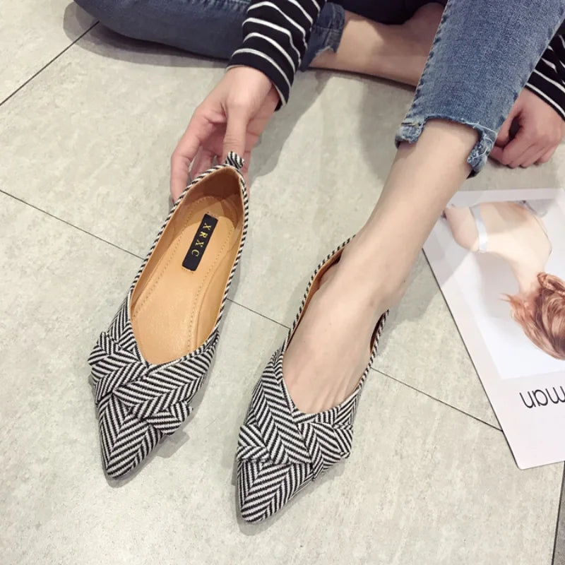 Bow Striped Geometric Pointed Toe Butterfly-Knot Ladies Flats