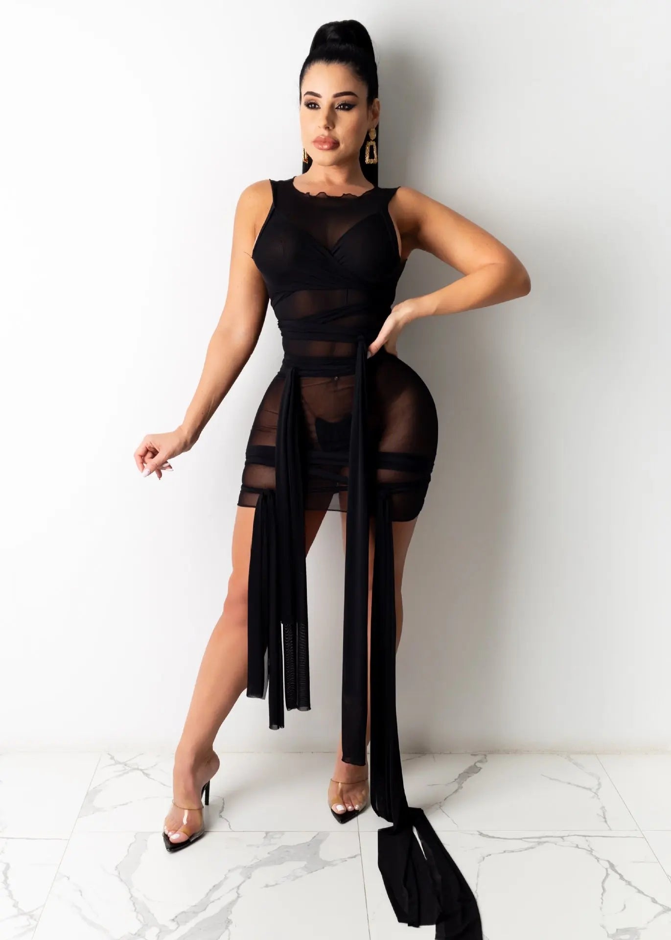 Sleeveless Bandage Criss-Cross Hollow-Out Design Transparent Mesh Mini Club Party/Prom Dress