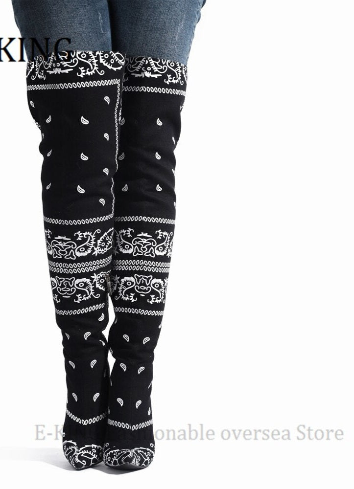 Bandana Print Women's Thigh High Over The Knee Pointed Toe Silk Boots