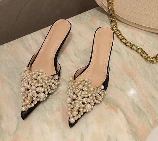 Pearl Crystal Patchwork Slip-On Thin Heel Mule Pumps