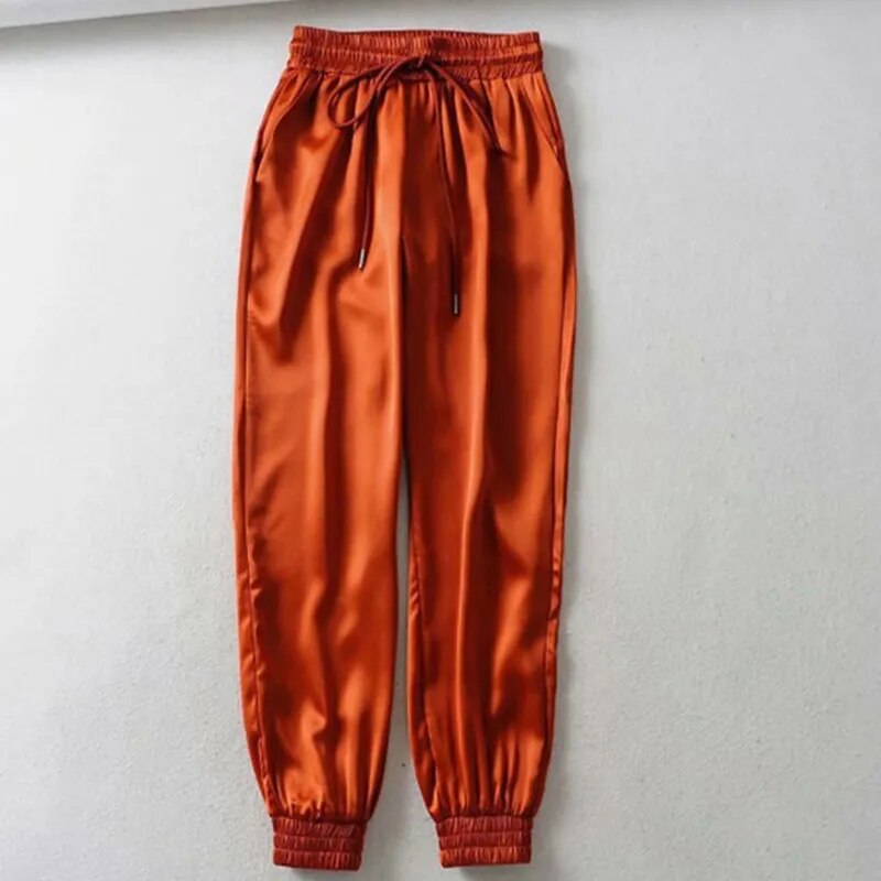 Satin Ladies Cargo Pocket Elastic Waist Pants