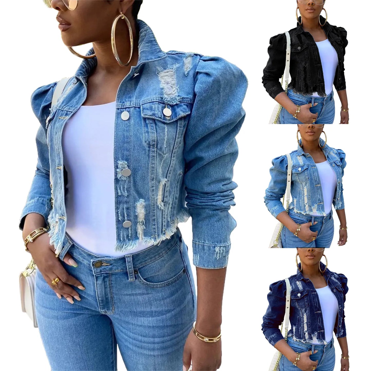 Puff Sleeve Women's Ripped Denim Button Down Cropped Jean Jacket