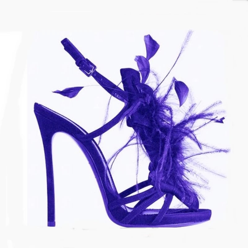 Feather Decor Real Leather Catwalk Stiletto Heel Open Toe Sandal Pumps