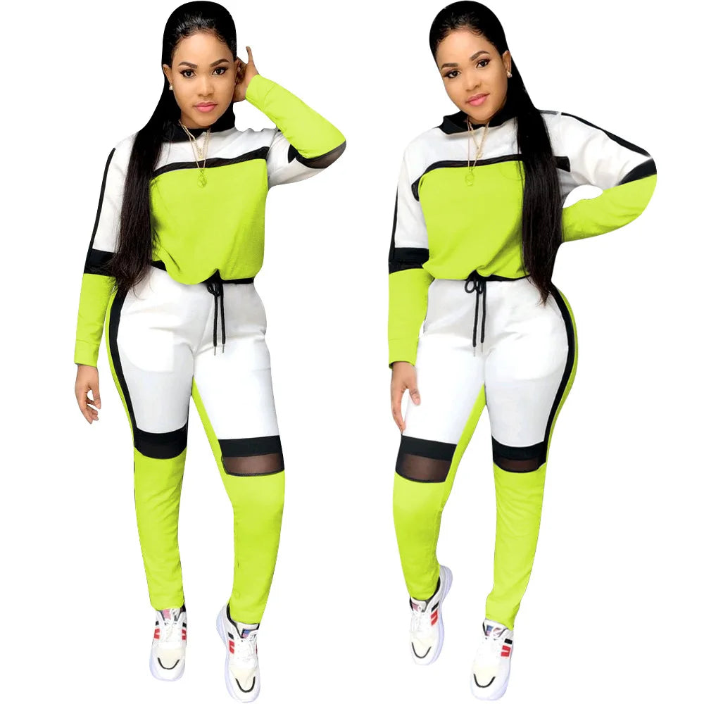 Mesh Colorblock Women's Long Sleeve Hoodie Sweatshirt + Pencil Sweatpant Matching Tracksuit
