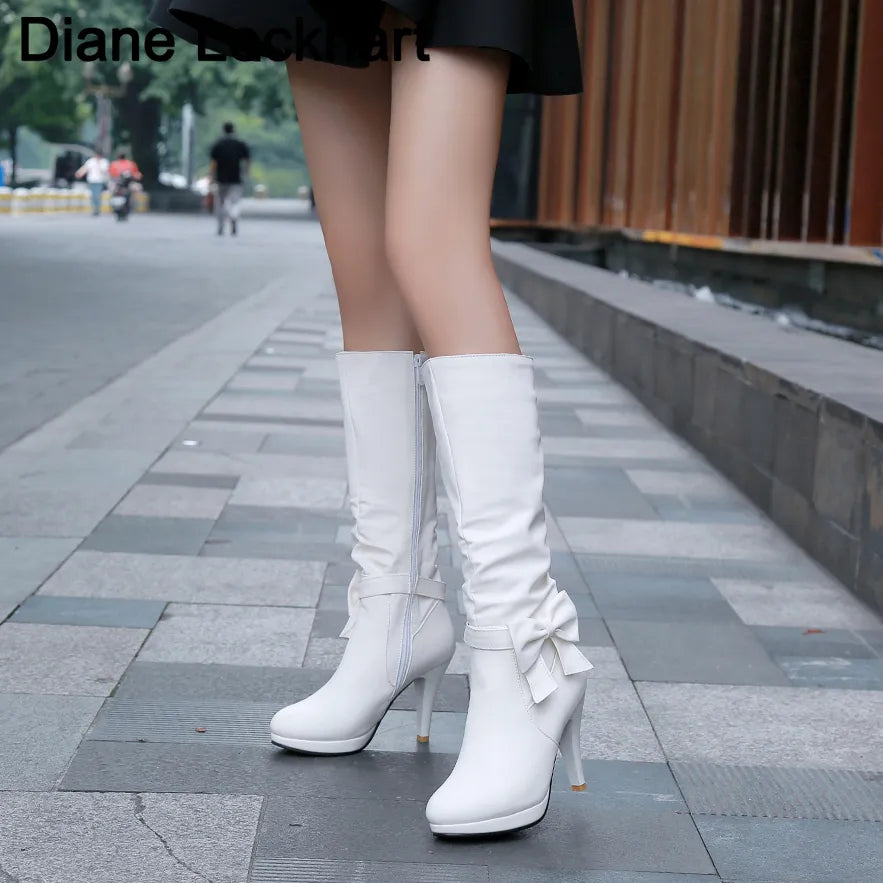 Bowtie Spike Heel Round Toe Knee High Boots