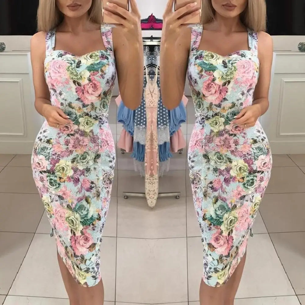 Vintage Pink Rose Flower Printed Sleeveless Bodycon Midi Dress